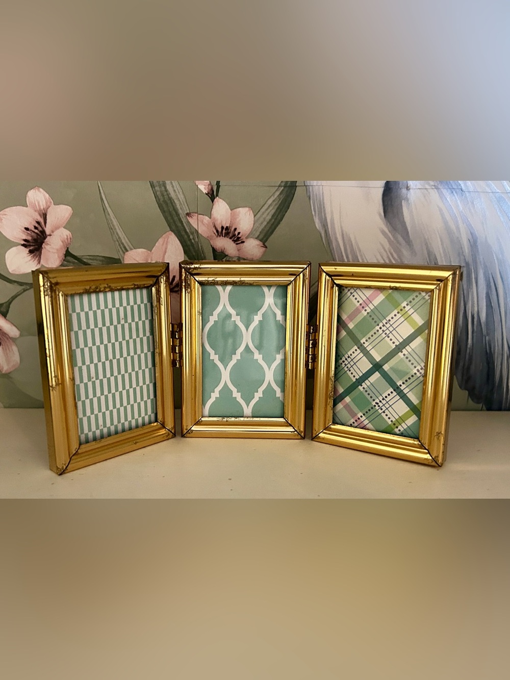 Vintage Trifold Mini Size Brass Plated Triptych Picture Frame